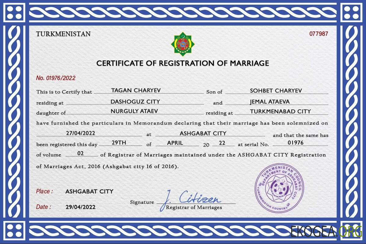 Modèle PSD de certificat de mariage au Turkménistan
